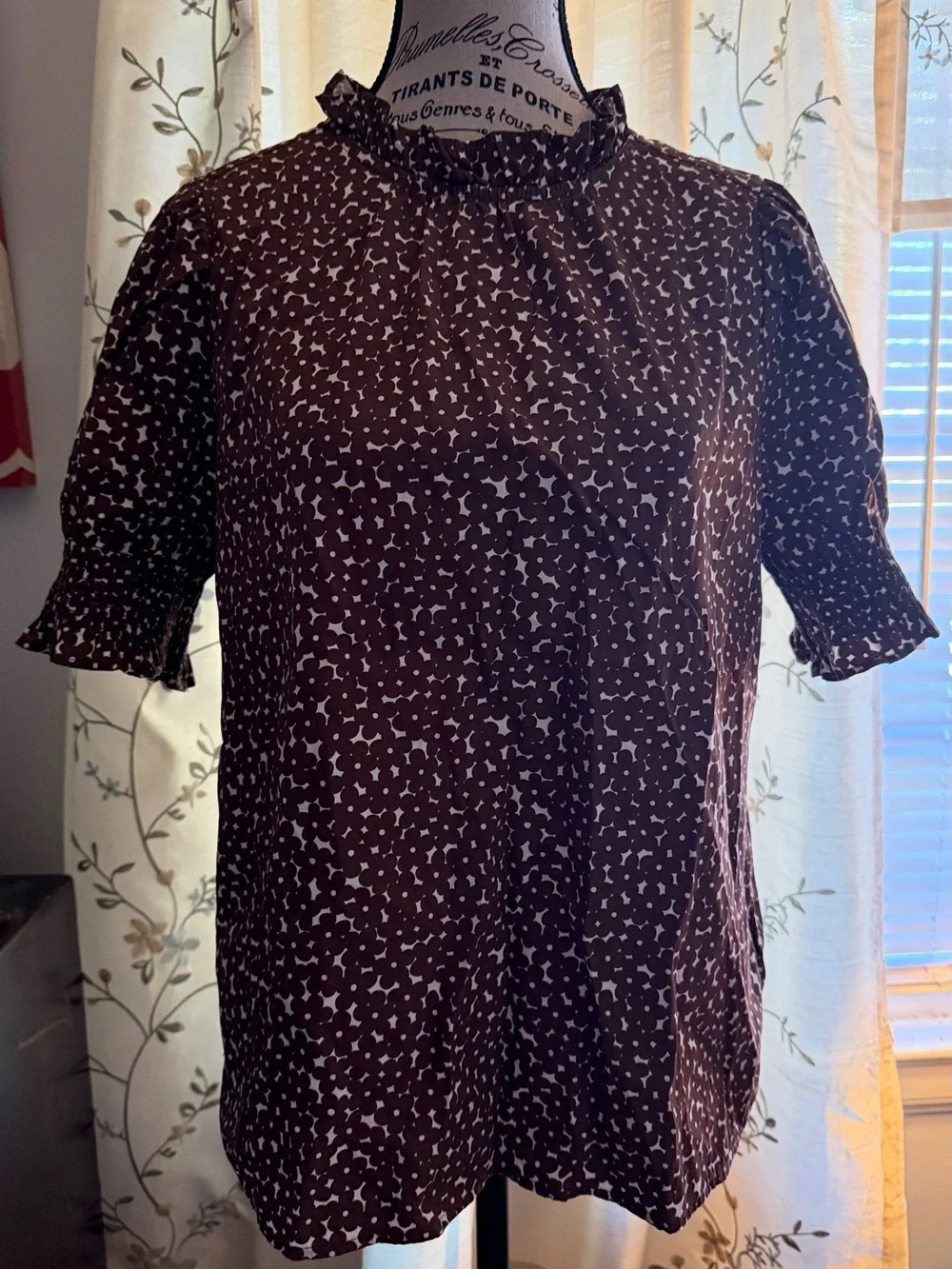 J. Crew Smocked cotton poplin puff-sleeve top in mocha floral